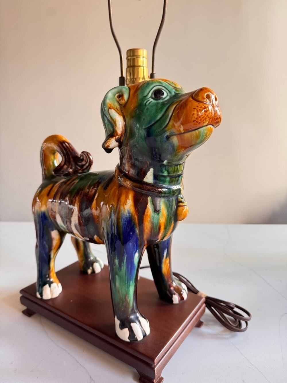 Vintage Tang Sancai Style Drip Glaze Ceramic Dog Table Lamp Wooden Base MCM